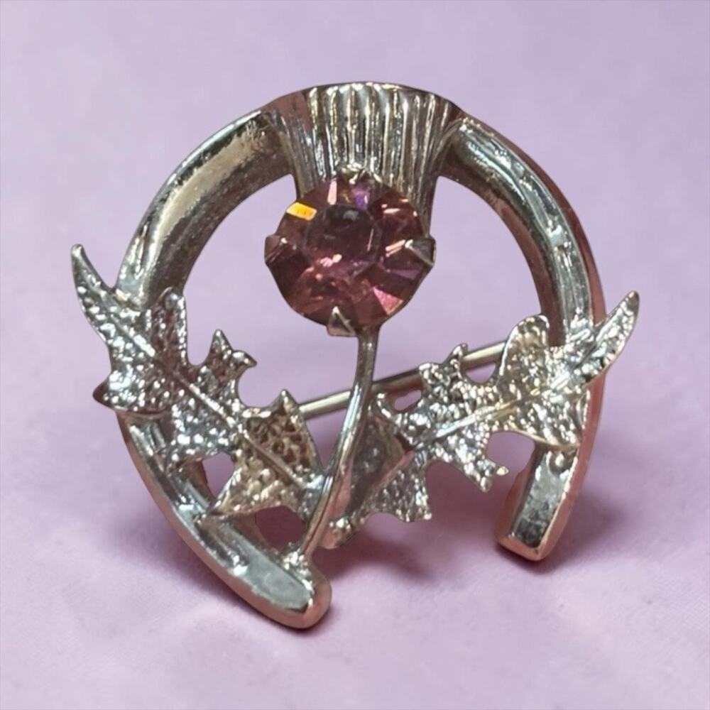 1940s Mizpah Signed Thistle Brooch Amethyst Glass Silver Tone Vintage